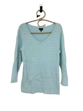 Talbots Sweater Powder Blue V-Neck Cable Knit Pima Pullover Cotton 3/4 Sleeve L